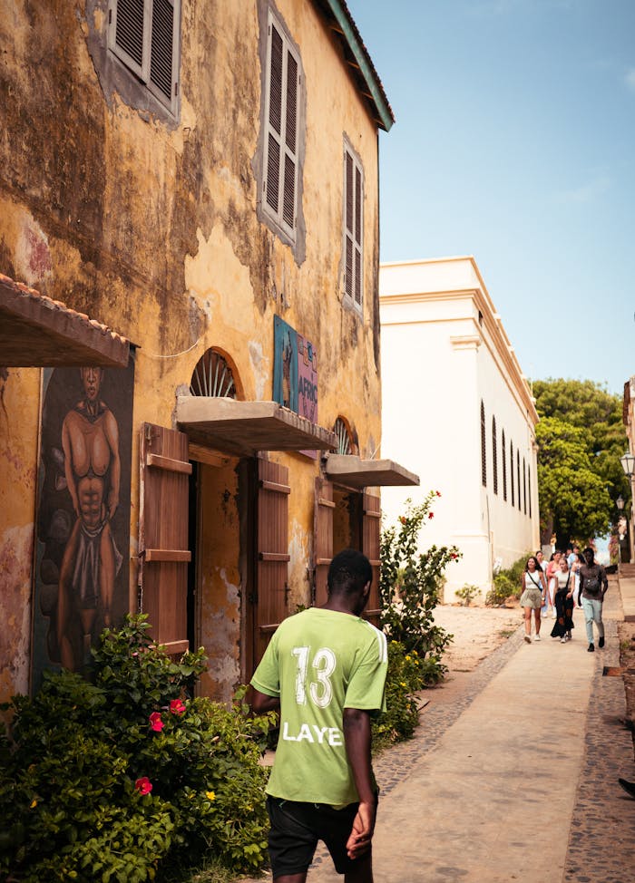 Back view of a man walking down a picturesque street in Senegal with historic buildings.